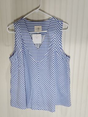 Umgee Blue and White Striped V-Neck Sleeveless Top